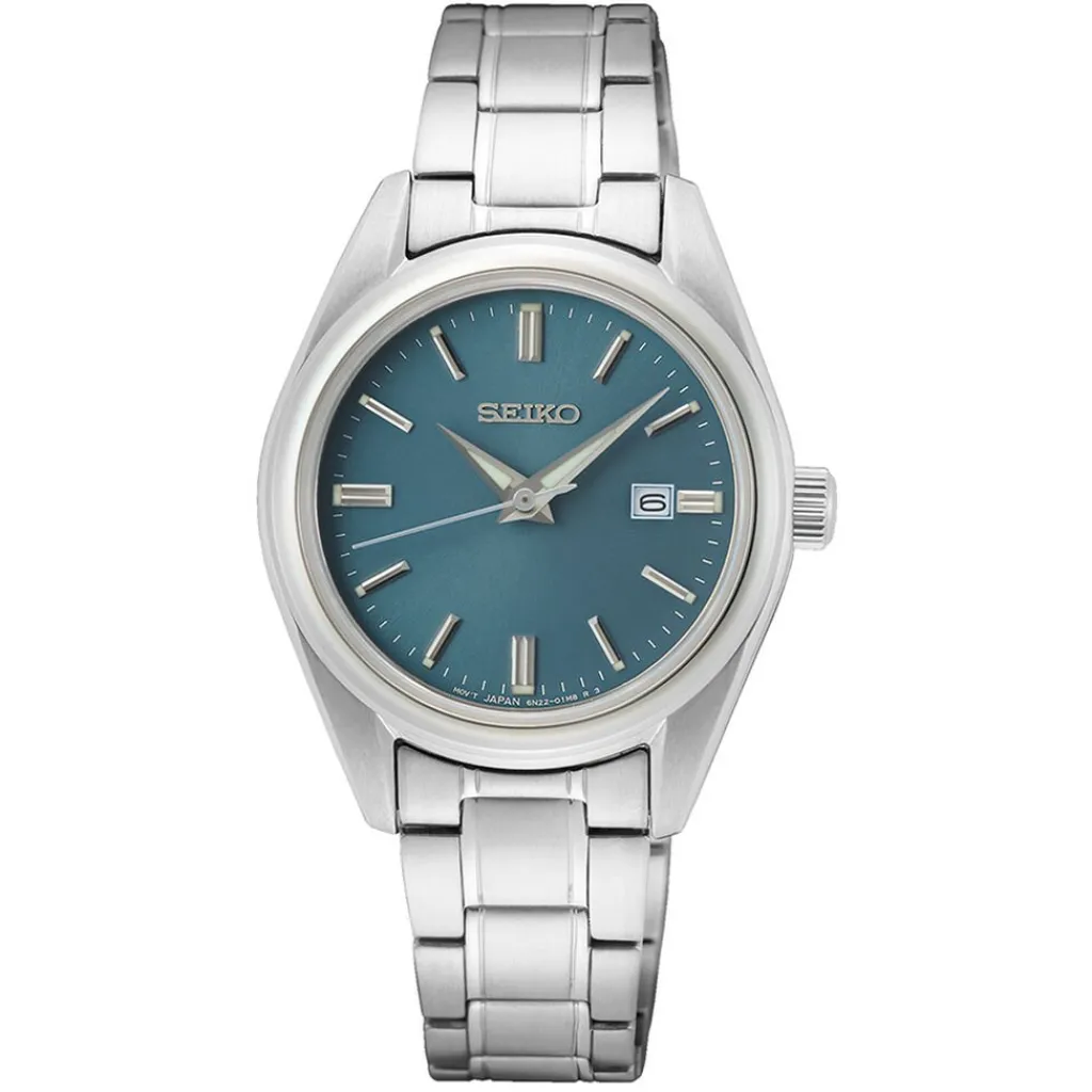 SEIKO Montre Classique Turquoise cadran argenté fond turquoise bracelet acier argenté Discount