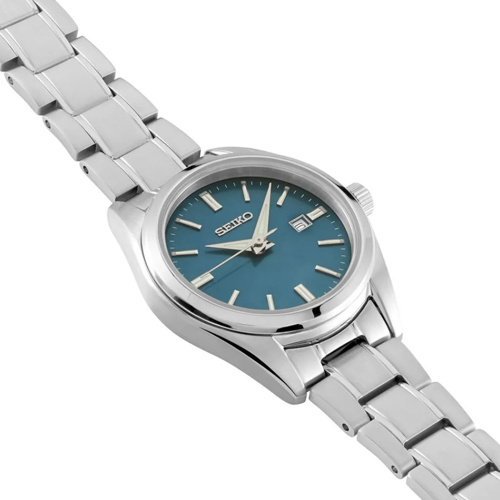 SEIKO Montre Classique Turquoise cadran argenté fond turquoise bracelet acier argenté Discount