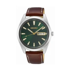 SEIKO Montre Classique Vert Foncé cadran argenté fond vert bracelet cuir marron