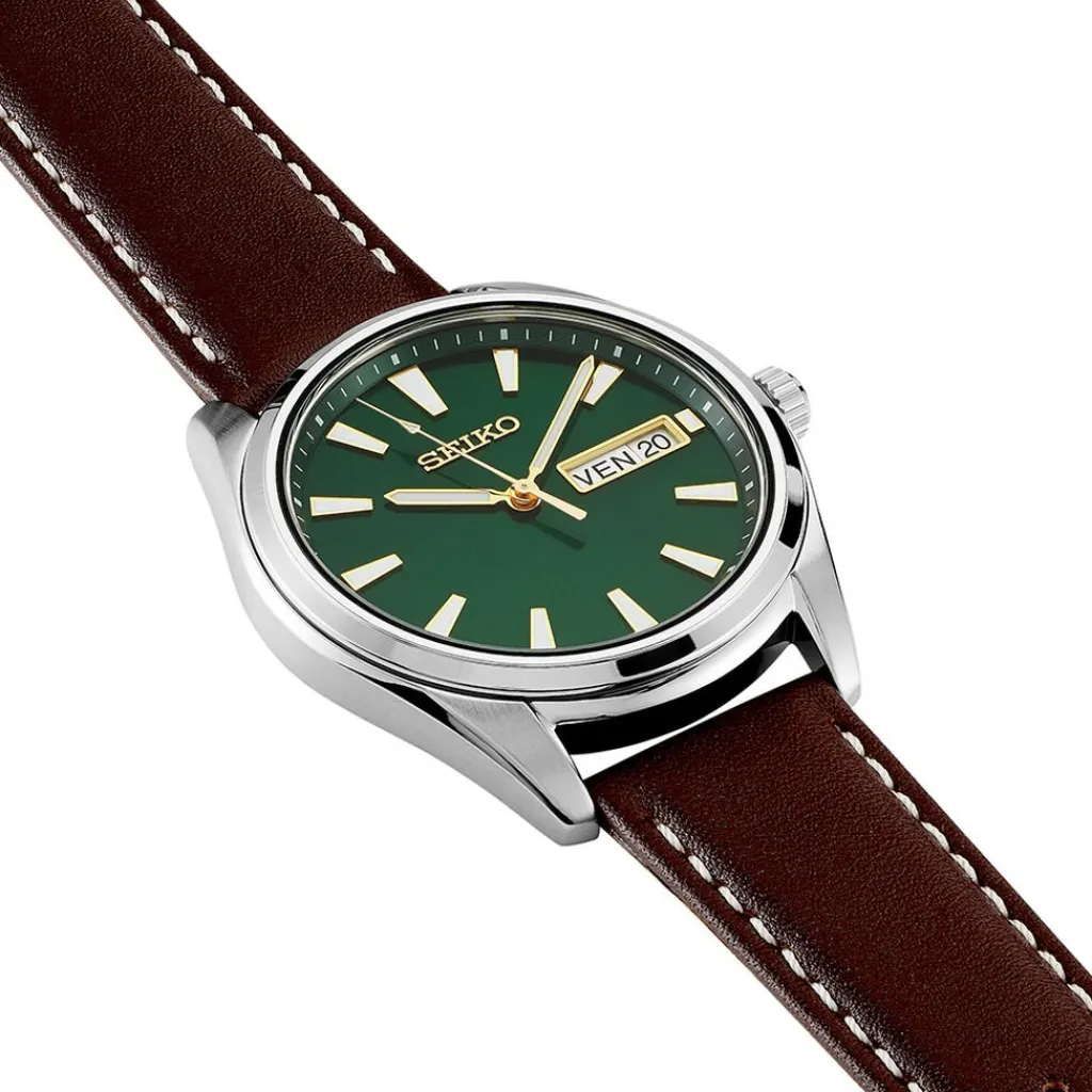 SEIKO Montre Classique Vert Foncé cadran argenté fond vert bracelet cuir marron