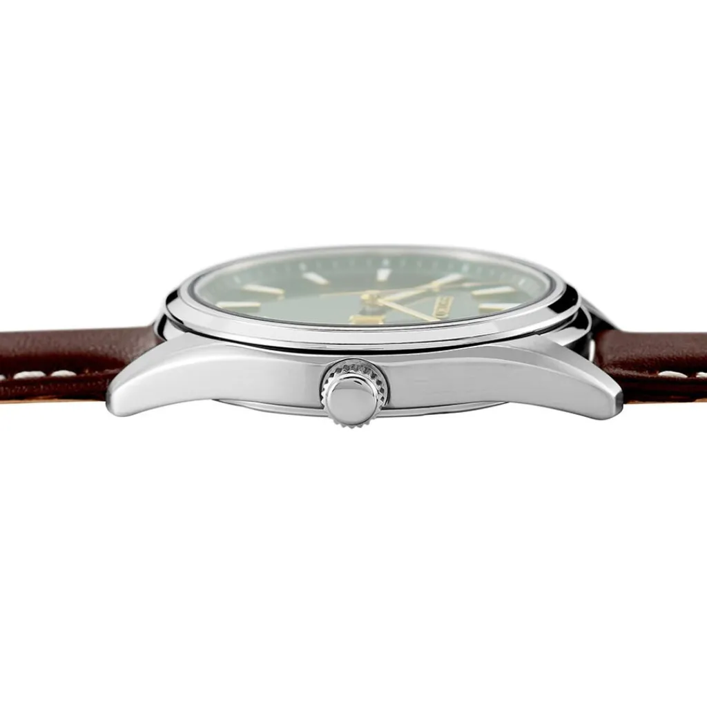SEIKO Montre Classique Vert Foncé cadran argenté fond vert bracelet cuir marron
