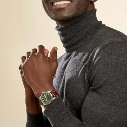 SEIKO Montre Classique Vert Foncé cadran argenté fond vert bracelet cuir marron