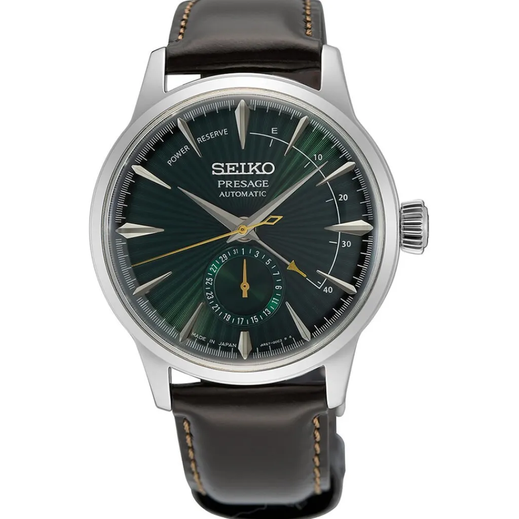 SEIKO Montre Presage Cocktail Vert cadran argenté fond vert bracelet cuir marron New
