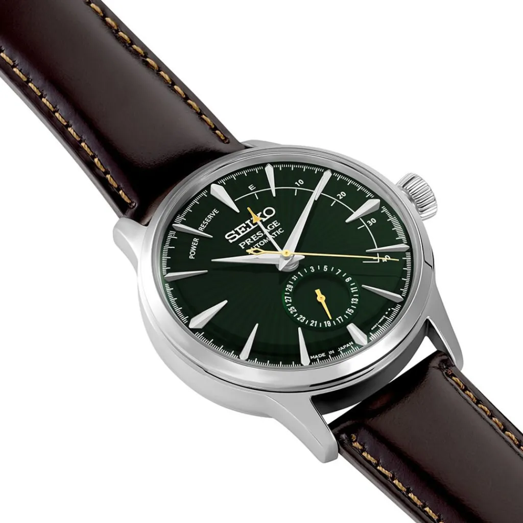 SEIKO Montre Presage Cocktail Vert cadran argenté fond vert bracelet cuir marron New
