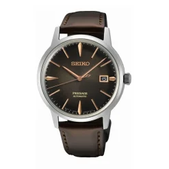 SEIKO Montre Presage Cocktail Marron cadran argenté fond marron bracelet cuir marron Outlet