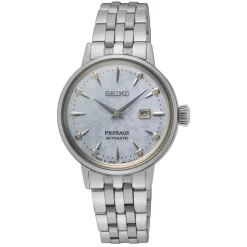 SEIKO Montre Presage Cocktail Bleu Sky cadran argenté fond bleu sky bracelet acier argenté New