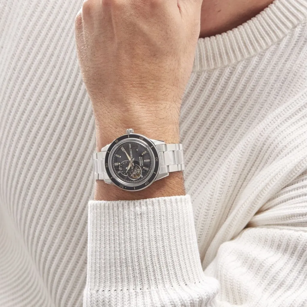 SEIKO Montre Presage Noir cadran argenté fond noir bracelet acier gris Online
