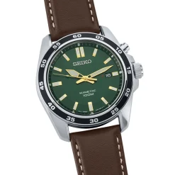 SEIKO Montre Sport Kinetic Vert cadran argenté fond vert bracelet cuir marron Best