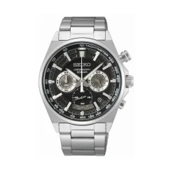 SEIKO Montre Sport Noir cadran argenté fond noir bracelet acier gris Discount
