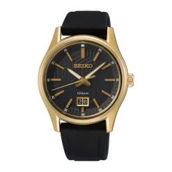 SEIKO Montre Sport Noir cadran doré fond noir bracelet silicone noir New