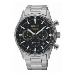 SEIKO Montre Sport Noir cadran argenté fond noir bracelet acier argenté Best
