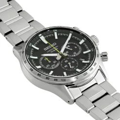 SEIKO Montre Sport Noir cadran argenté fond noir bracelet acier argenté Best