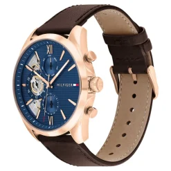 TOMMY HILFIGER Montre Baker Bleu cadran doré fond bleu bracelet cuir de veau marron Best