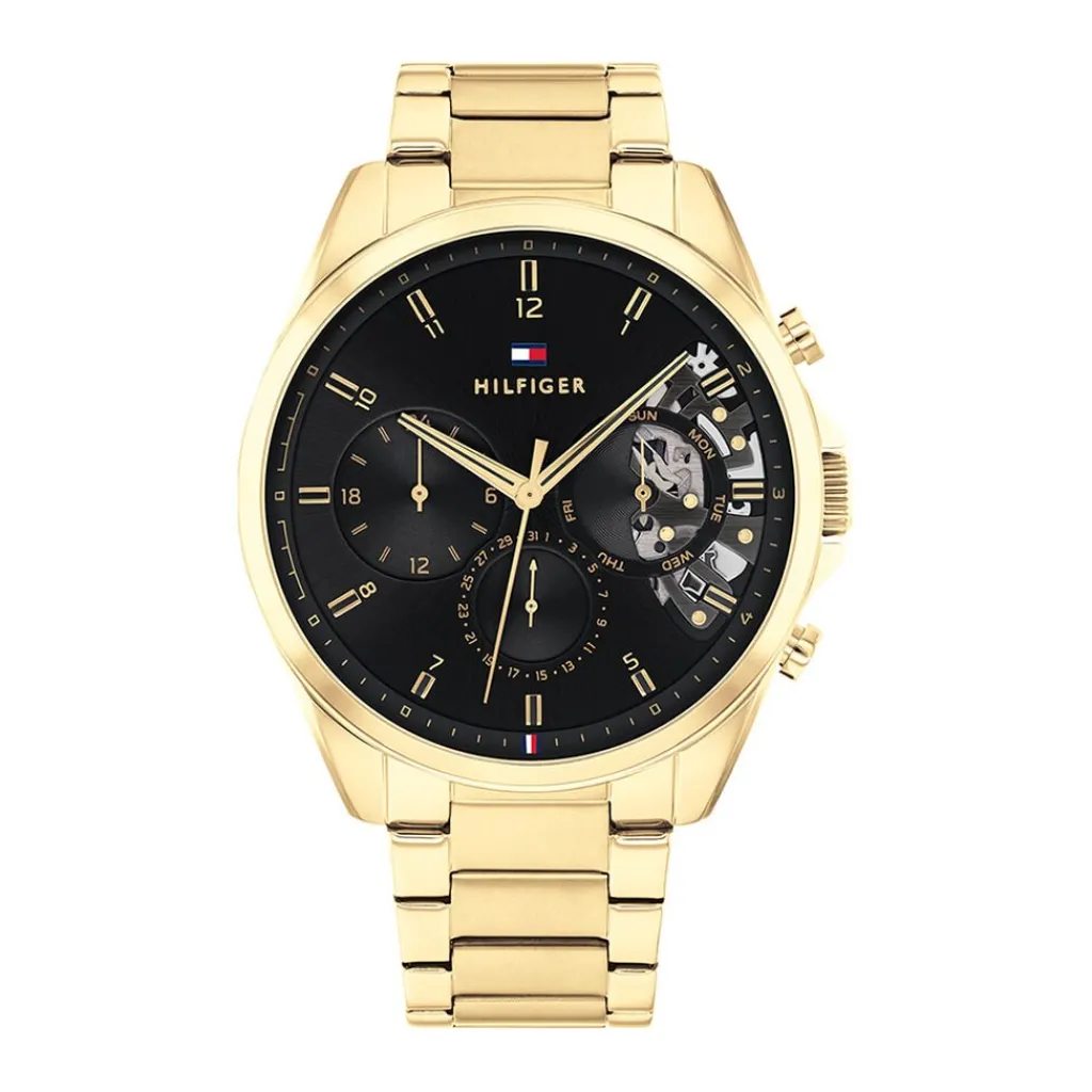 TOMMY HILFIGER Montre Baker Noir cadran doré fond noir bracelet acier doré Discount