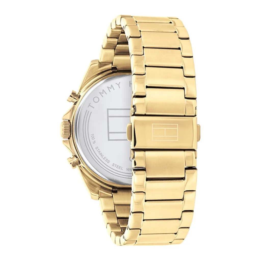 TOMMY HILFIGER Montre Baker Noir cadran doré fond noir bracelet acier doré Discount