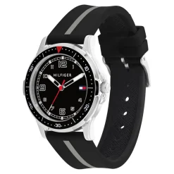 TOMMY HILFIGER Montre Boys Noir cadran argenté fond noir bracelet silicone noir Hot