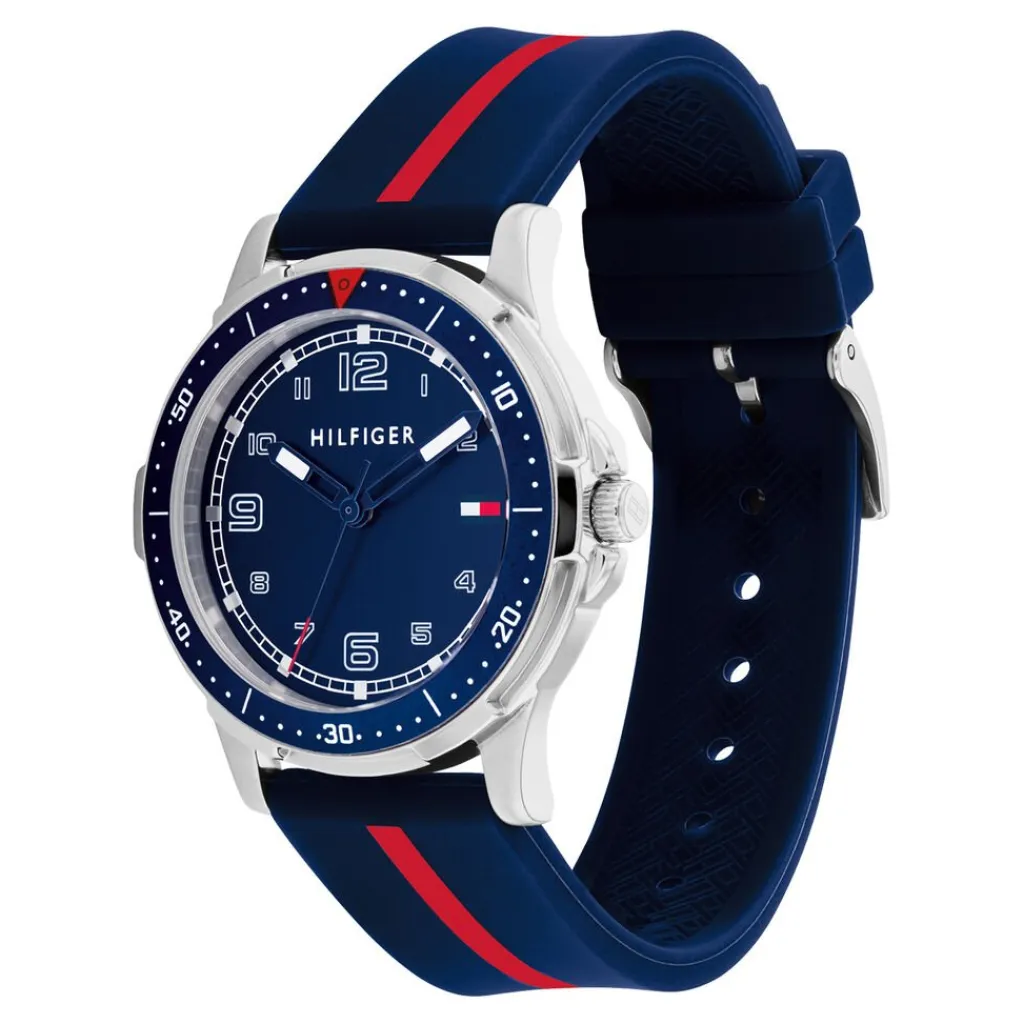 TOMMY HILFIGER Montre Boys Bleu cadran argenté fond bleu bracelet silicone bleu Clearance