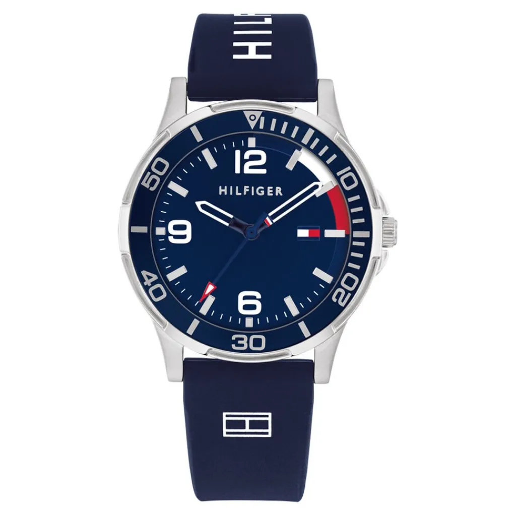 TOMMY HILFIGER Montre Boys Bleu cadran argenté fond bleu bracelet silicone bleu