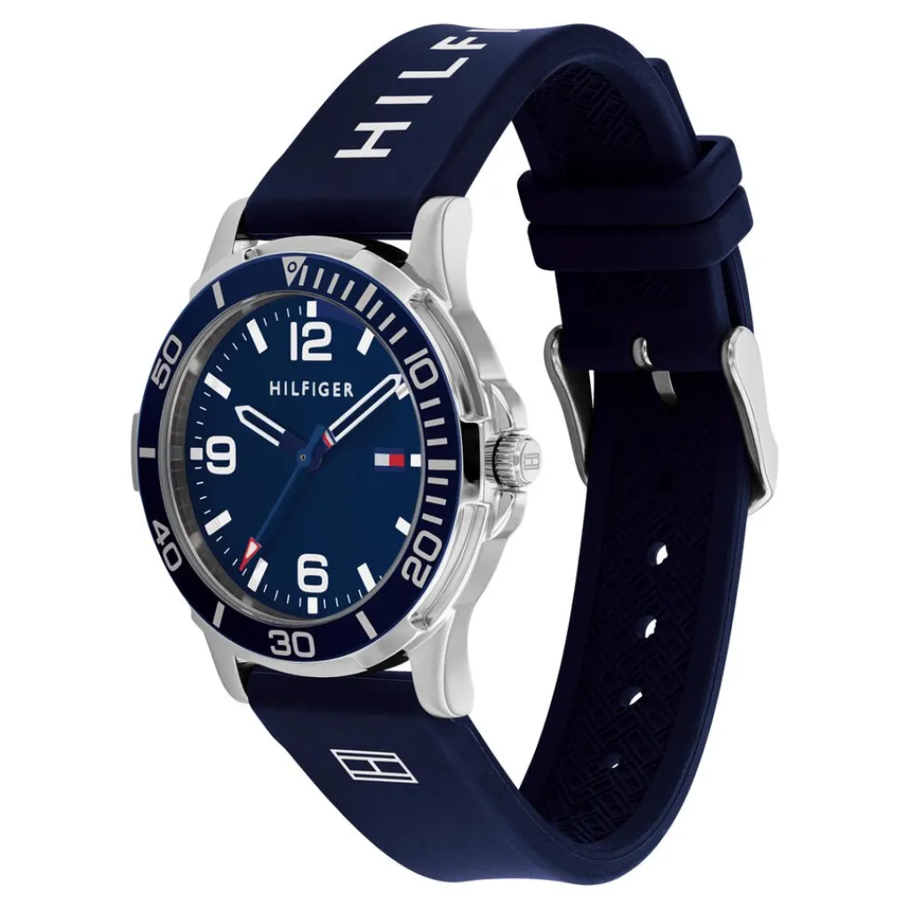 TOMMY HILFIGER Montre Boys Bleu cadran argenté fond bleu bracelet silicone bleu