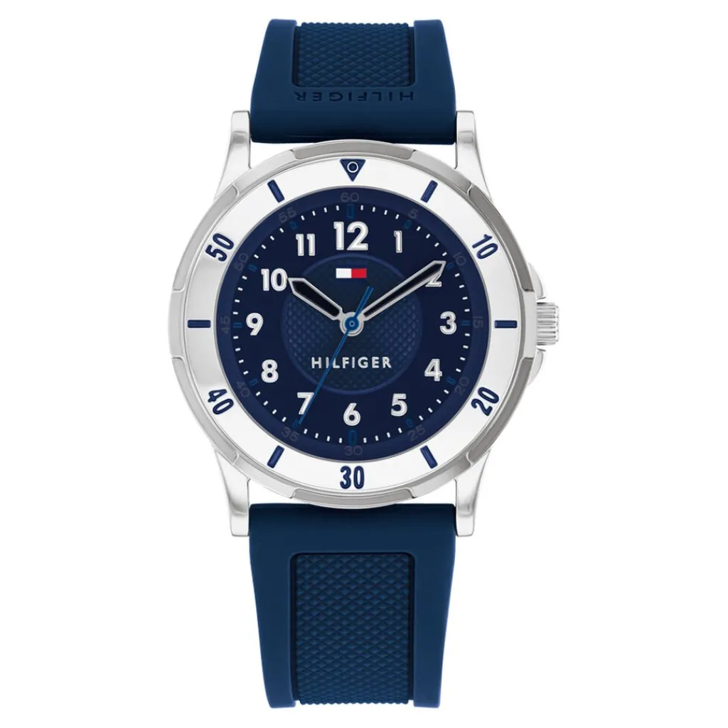 TOMMY HILFIGER Montre Boys Bleu cadran argenté fond bleu bracelet silicone bleu Best