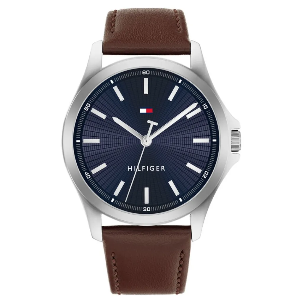 TOMMY HILFIGER Montre Bruce Bleu cadran argenté fond bleu bracelet cuir de veau marron