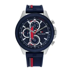 TOMMY HILFIGER Montre Clark Bleu cadran argenté fond bleu bracelet silicone bleu Sale