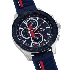 TOMMY HILFIGER Montre Clark Bleu cadran argenté fond bleu bracelet silicone bleu Sale