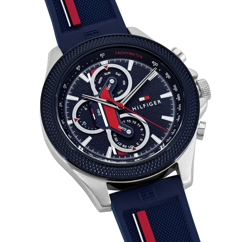 TOMMY HILFIGER Montre Clark Bleu cadran argenté fond bleu bracelet silicone bleu Sale