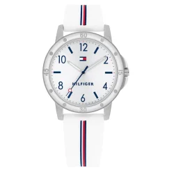 TOMMY HILFIGER Montre Girls Argenté cadran argenté fond argenté bracelet silicone blanc New
