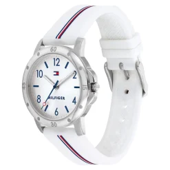 TOMMY HILFIGER Montre Girls Argenté cadran argenté fond argenté bracelet silicone blanc New