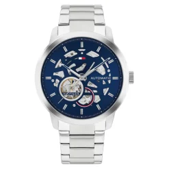 TOMMY HILFIGER Montre Henry Auto Bleu cadran argenté fond bleu bracelet acier argenté Outlet