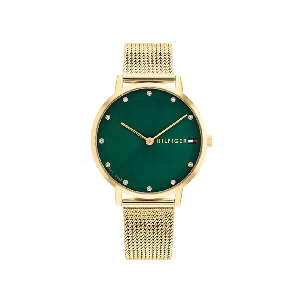 TOMMY HILFIGER Montre Pippa Vert cadran doré fond vert bracelet acier doré Outlet