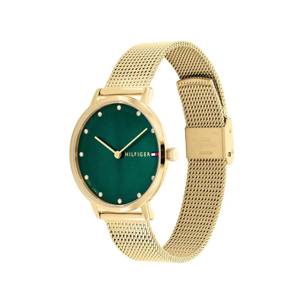 TOMMY HILFIGER Montre Pippa Vert cadran doré fond vert bracelet acier doré Outlet