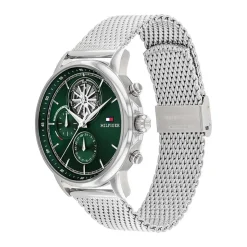TOMMY HILFIGER Montre Stewart Vert cadran argenté fond vert bracelet acier argenté Sale