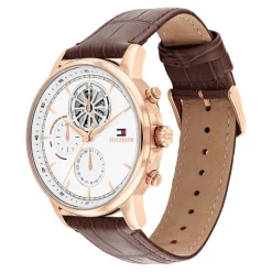 TOMMY HILFIGER Montre Stewart Blanc cadran rose fond blanc bracelet cuir de veau marron Best