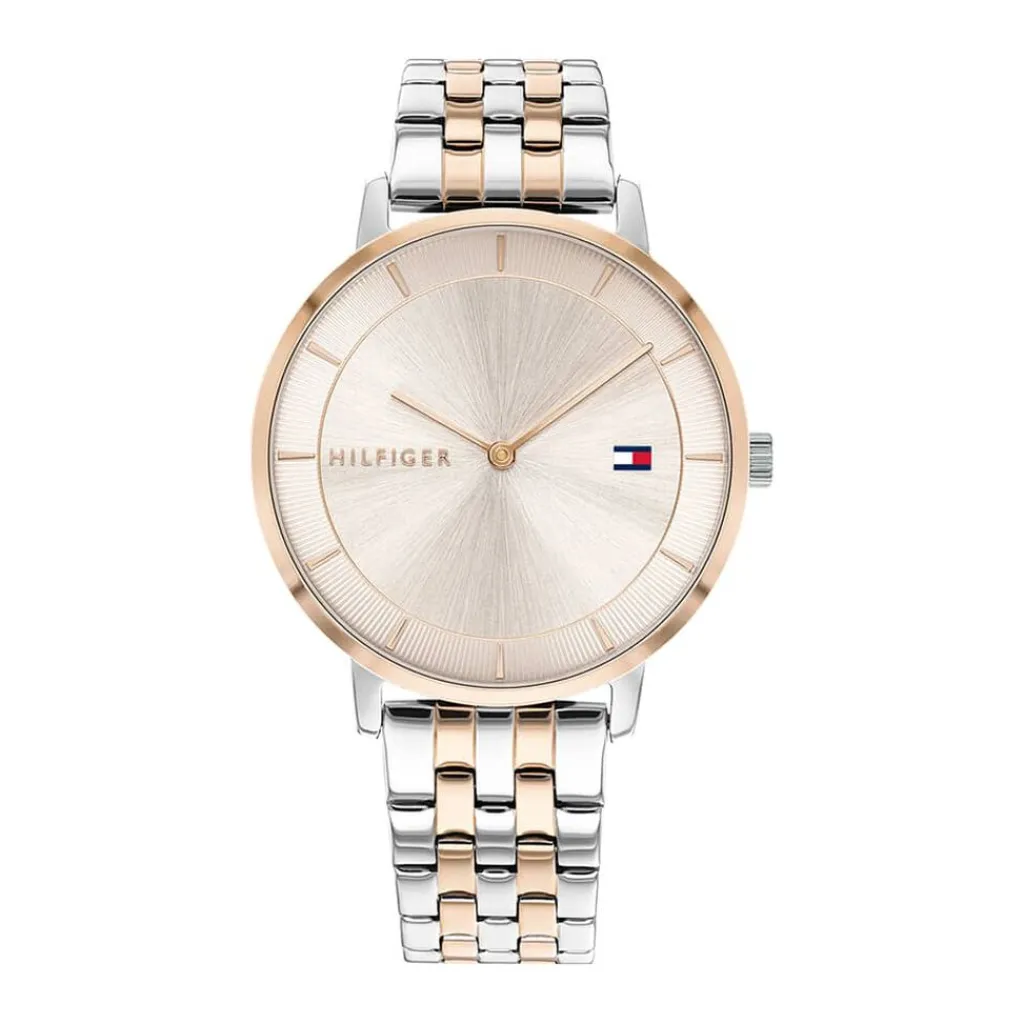 TOMMY HILFIGER Montre Tea Doré cadran argenté fond doré rose bracelet acier bicolore Sale