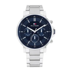 TOMMY HILFIGER Montre Tyson Bleu cadran blanc fond bleu bracelet acier argenté Hot