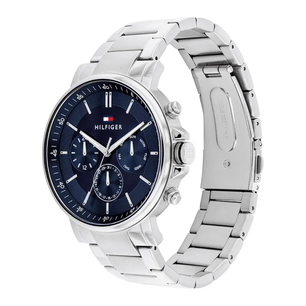 TOMMY HILFIGER Montre Tyson Bleu cadran blanc fond bleu bracelet acier argenté Hot
