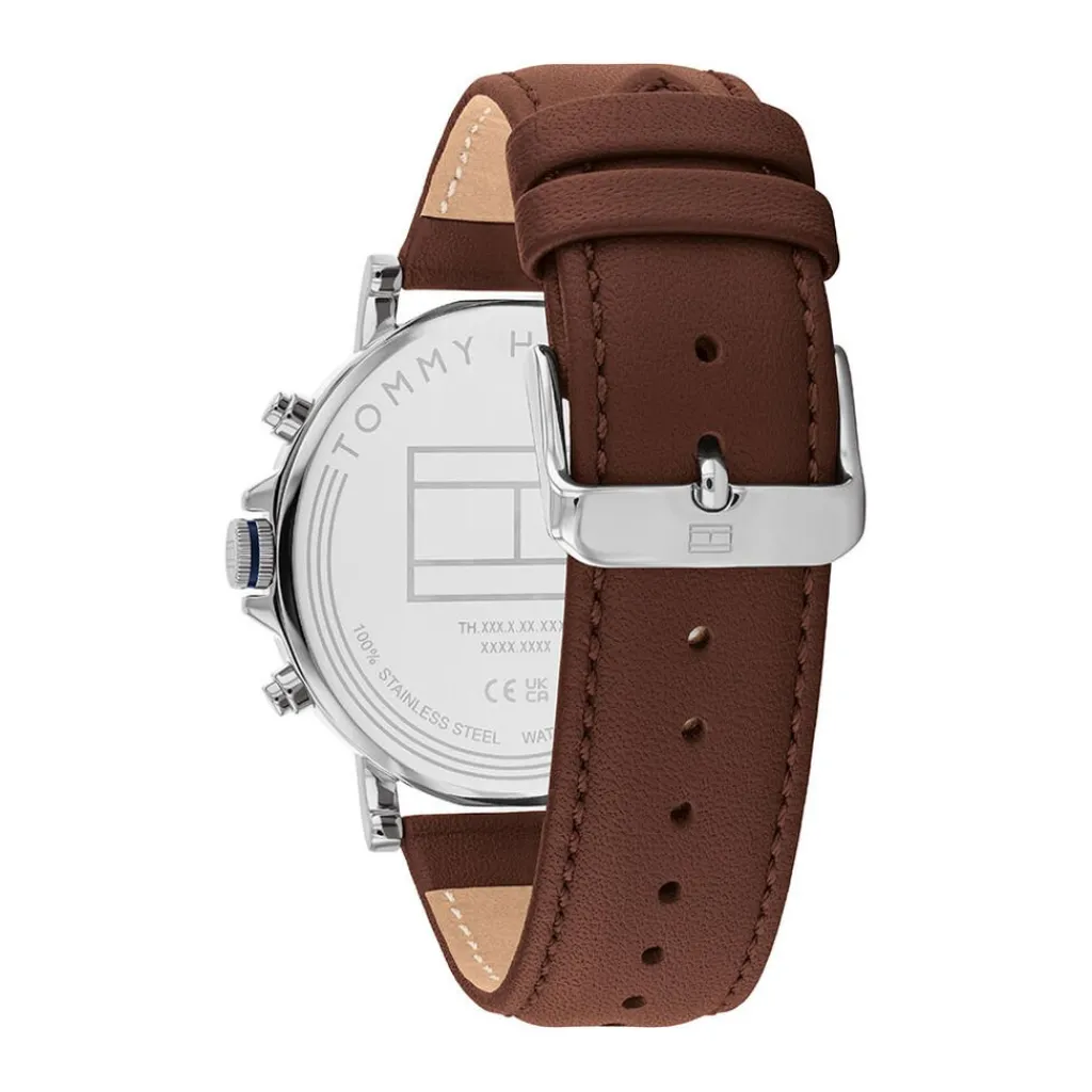 TOMMY HILFIGER Montre Tyson Bleu cadran blanc fond bleu bracelet cuir marron Hot