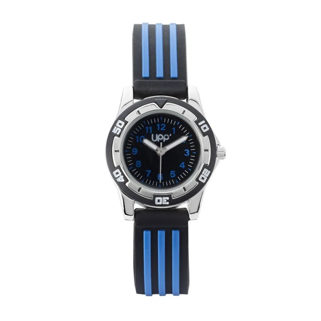 UPP Montre Alexis Noir cadran argenté fond noir bracelet plastique noir et bleu Best