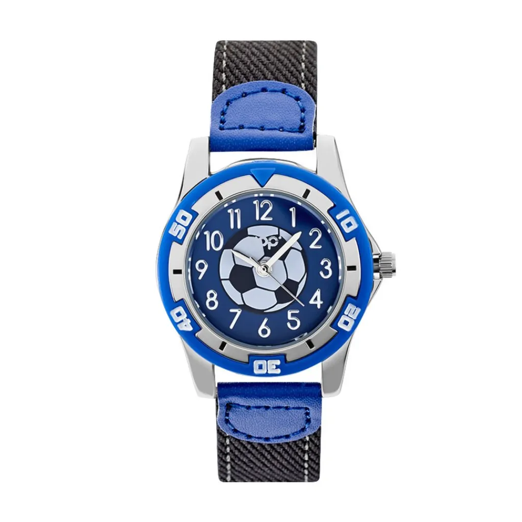 UPP Montre Ballon Noir cadran argenté fond bleu bracelet tissu bleu Best