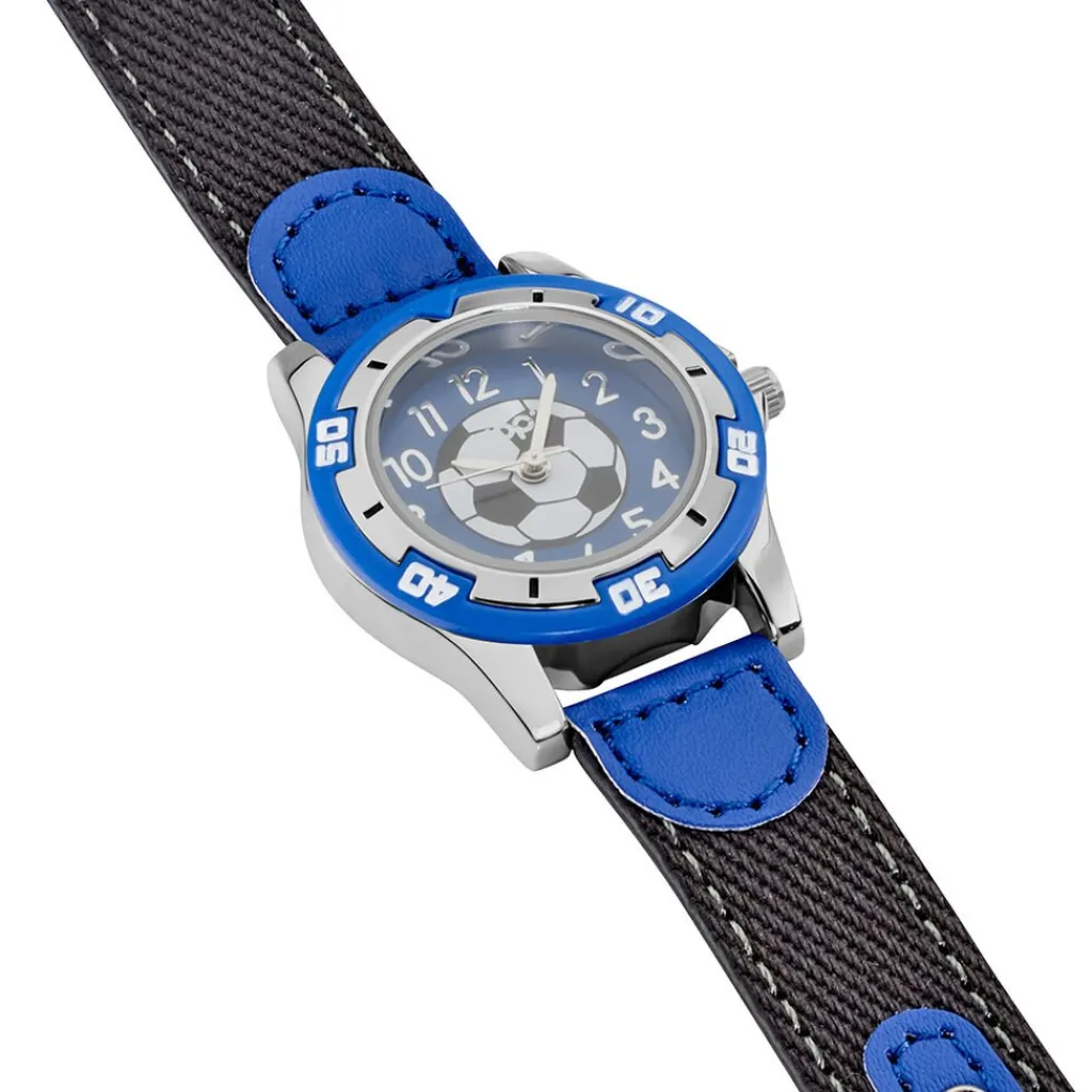 UPP Montre Ballon Noir cadran argenté fond bleu bracelet tissu bleu Best