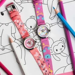 UPP Montre Lea Blanc cadran argenté fond multicolore bracelet tissu violet Clearance